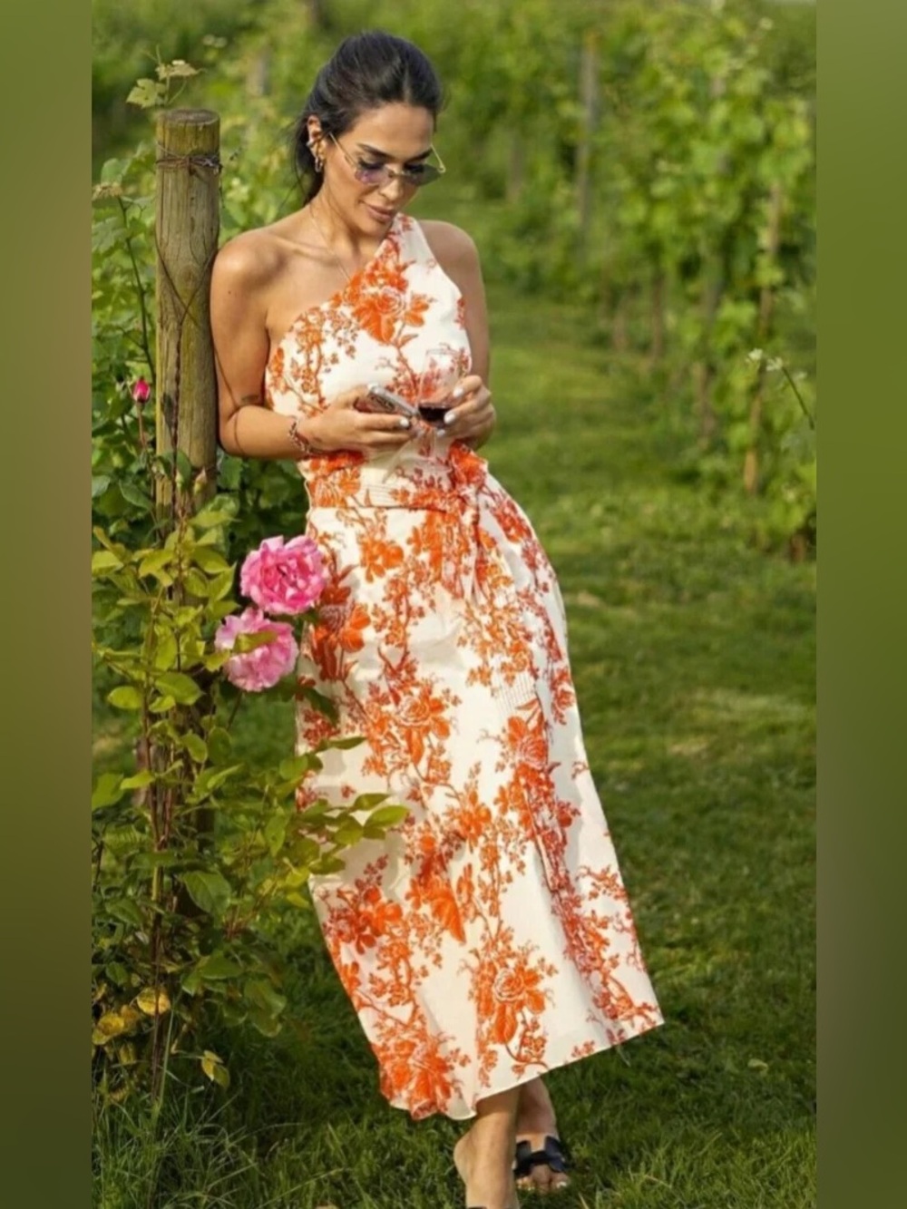 Zara Cream One-Shoulder Dress with Orange Floral Print